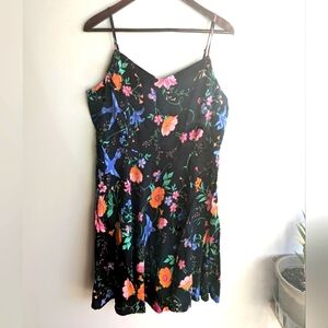 Old Navy Fit and Flair Black Floral Bird Watercolor Print Women's Mini Dress XL